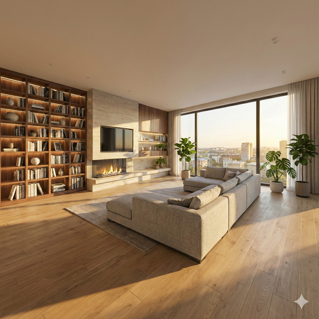 Render fotorealistico di un soggiorno moderno generato dall'AI