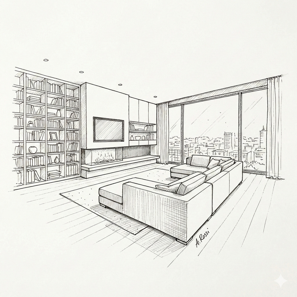 Schizzo a mano di un soggiorno moderno con camino e libreria