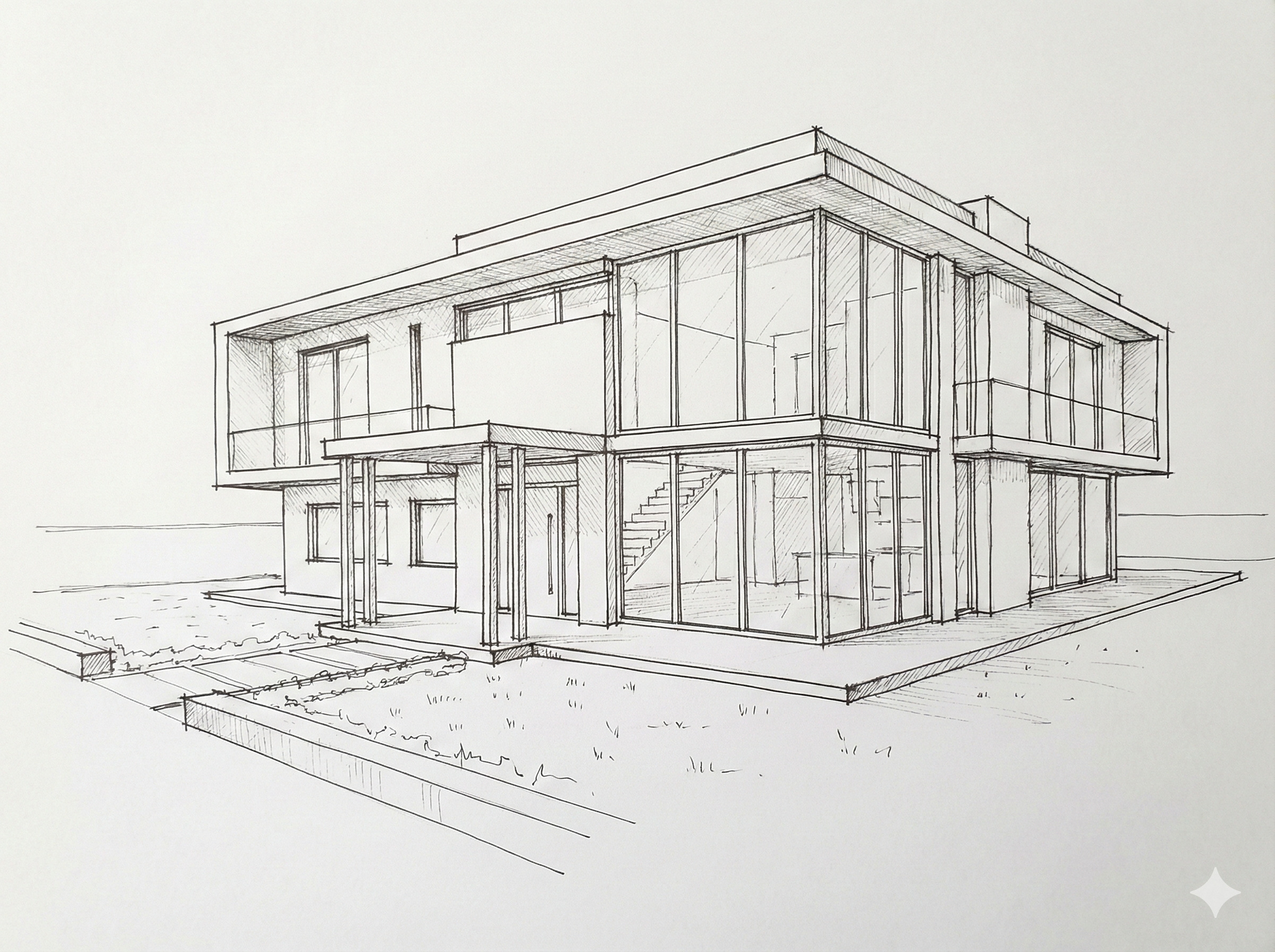 Schizzo a mano di una villa moderna con tetto piano e ampie vetrate